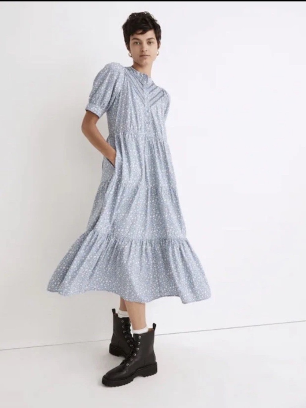 Madewell Midi Dress Embroidered Puff Sleeve Blue Ruffled M Cottage NH076